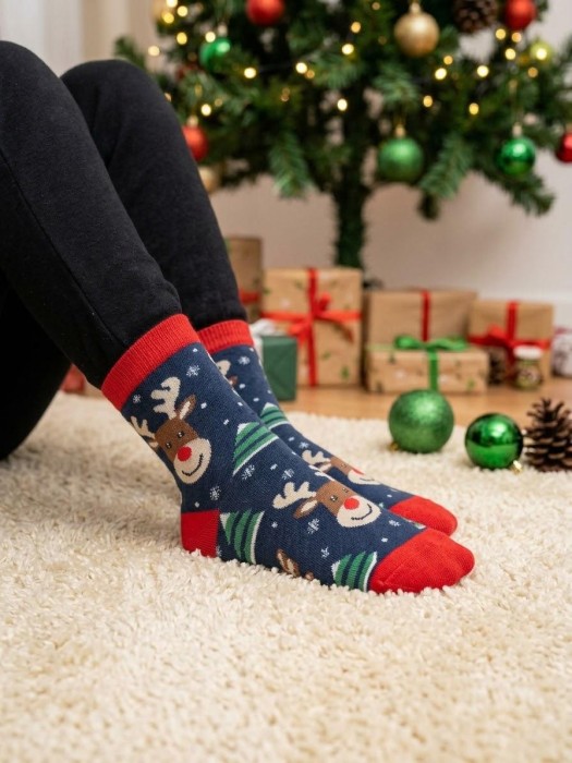 Children's Christmas socks Smiling reindeer & Christmas trees 1306.014