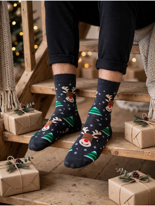 Men's Christmas socks Smiling reindeer & Christmas trees 1290.043