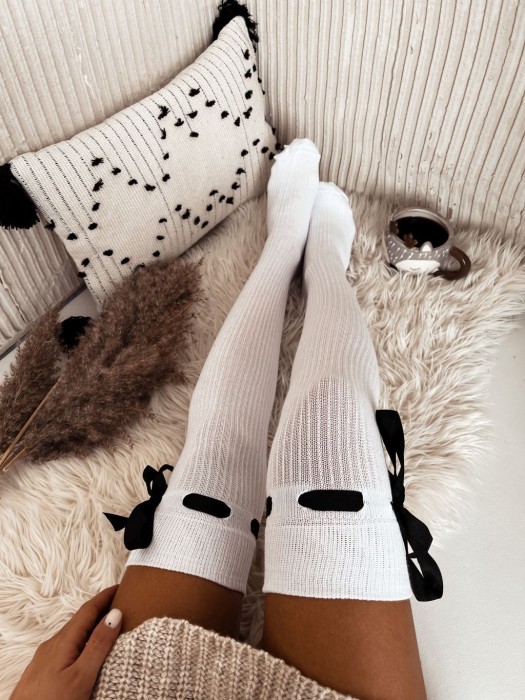 Openwork ribbon tied over-the-knee socks RIBBED