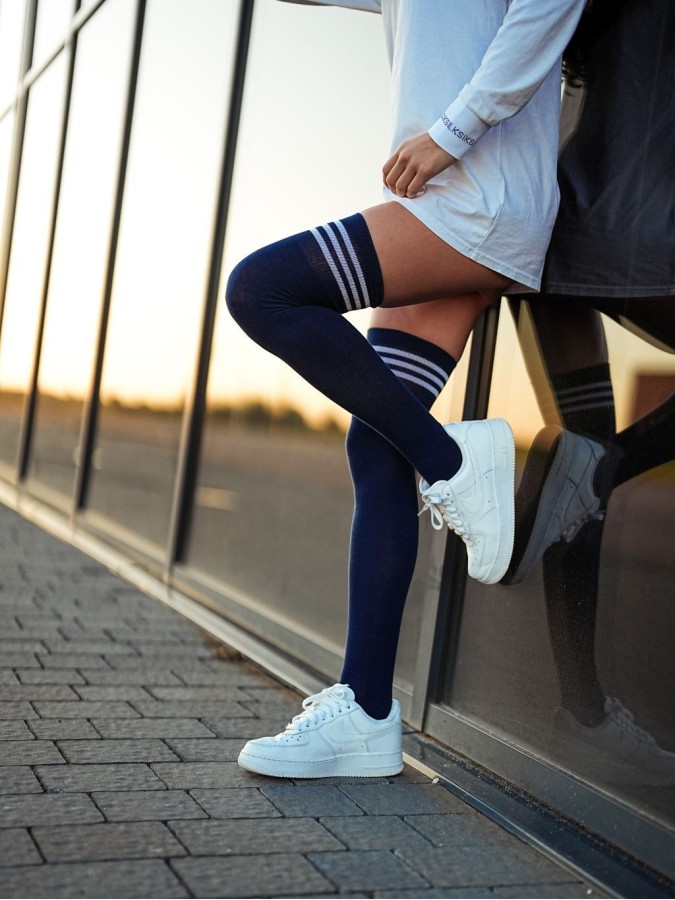 Cotton over-the-knee socks with a striped welt...