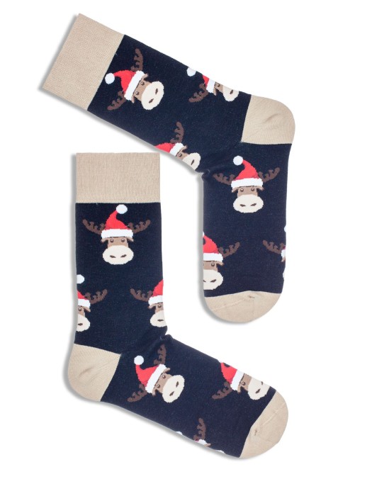 Men's Christmas Reindeer in Santa Claus' hat pattern socks 1290.006