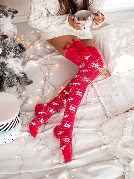 Cotton Christmas pattern over-the-knee socks with a ribbon 1139.000