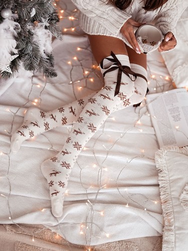Cotton Christmas pattern over-the-knee socks with a...