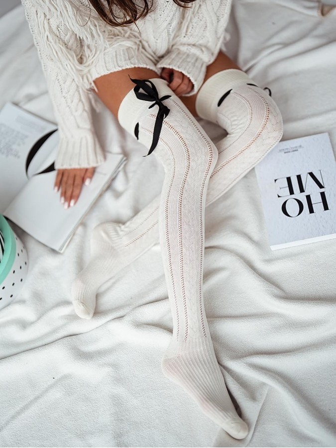 Openwork ribbon tied over-the-knee socks BRAID