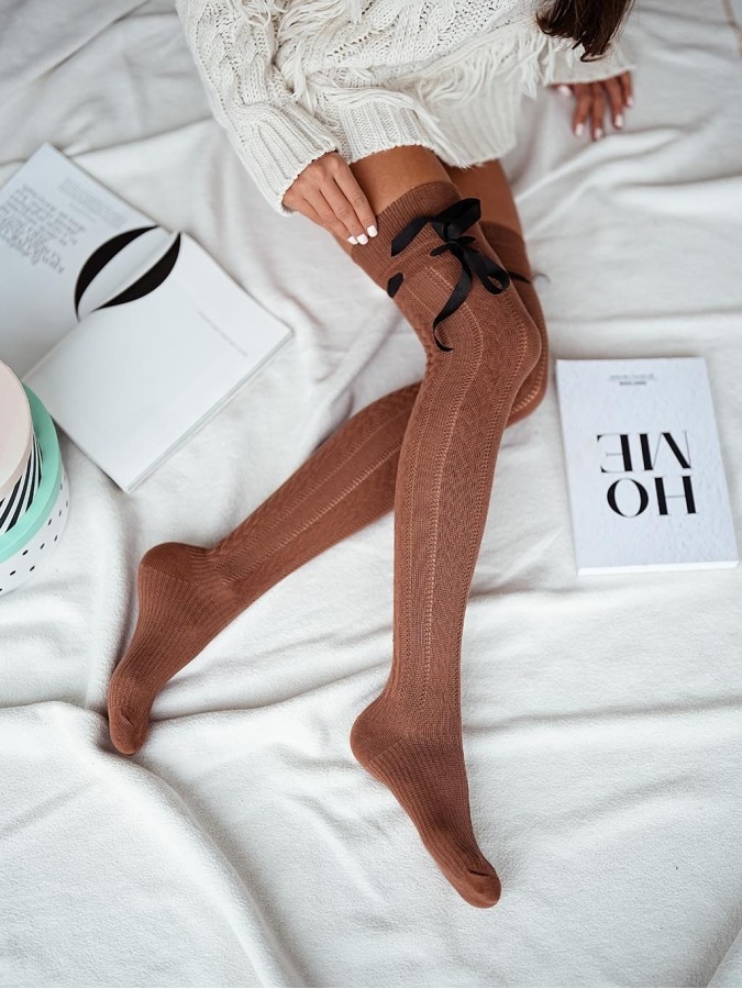 Openwork ribbon tied over-the-knee socks BRAID