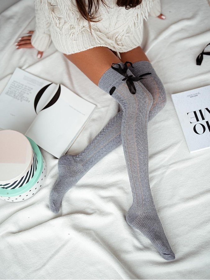 Openwork ribbon tied over-the-knee socks BRAID
