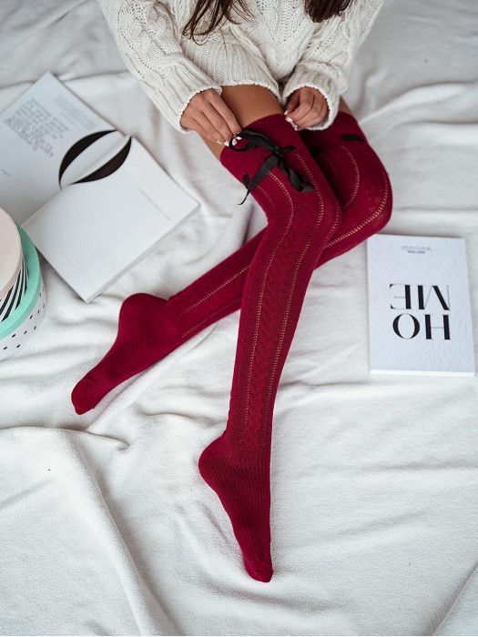 Openwork ribbon tied over-the-knee socks BRAID