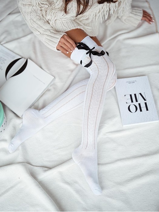 Openwork ribbon tied over-the-knee socks BRAID