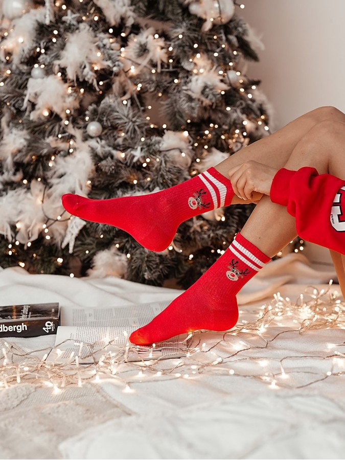 Skarpetki damskie świąteczne Renifer prążek z...