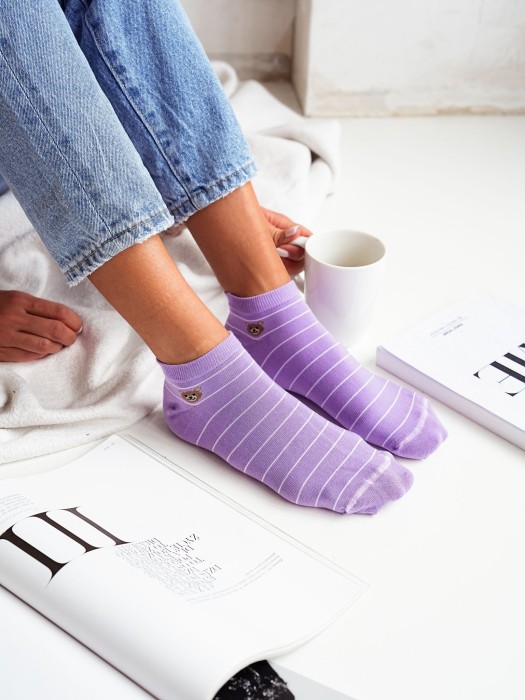 Women's Little Teddy Bear with stripes pattern low ankle socks 010.1146