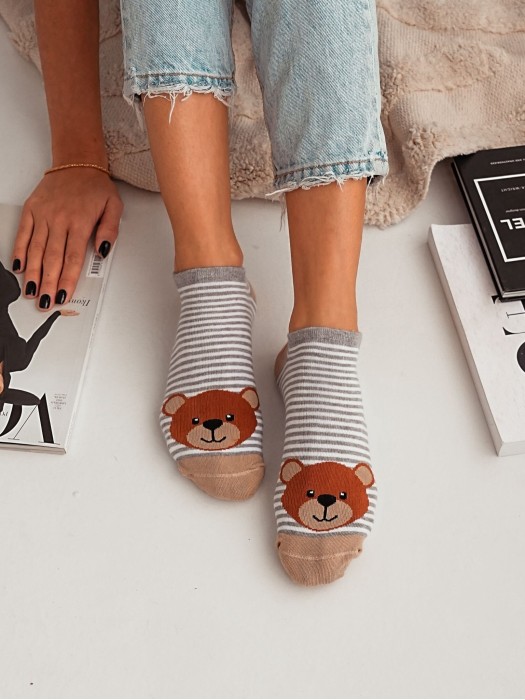 Women's Teddy Bear's big head with stripes pattern low ankle socks. New 1146.057