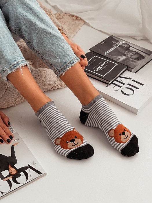 Women's Teddy Bear's big head with stripes pattern low ankle socks. New 1146.057