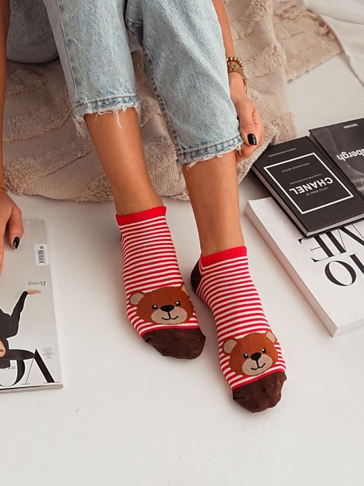 Women's Teddy Bear's big head with stripes pattern low ankle socks. New 1146.057