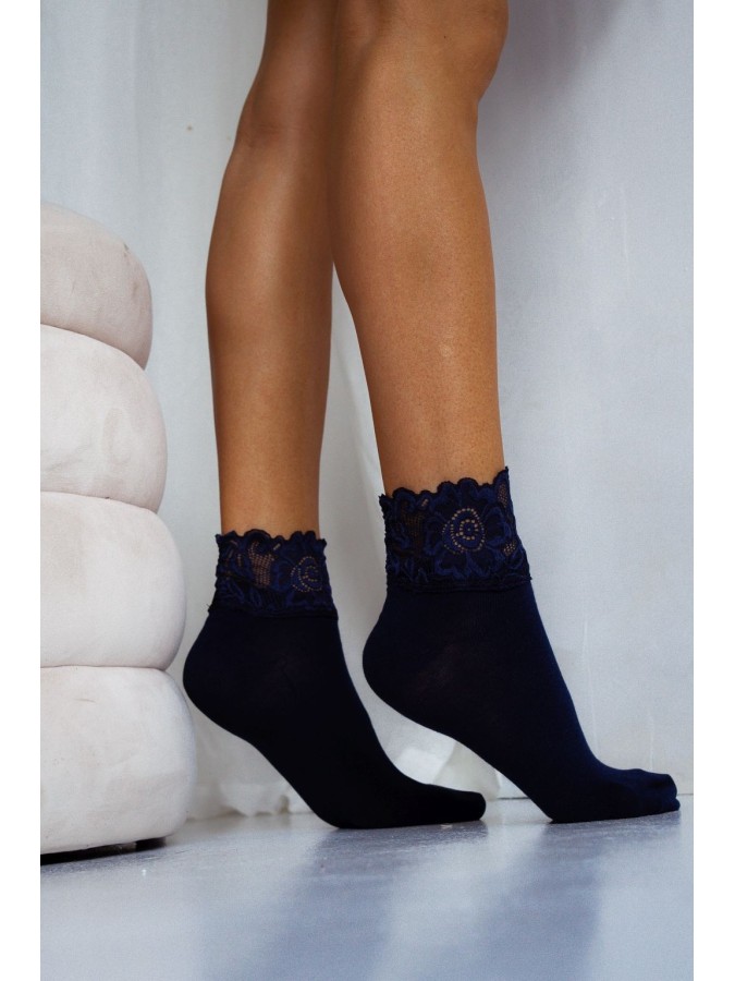 Women's cotton socks with a wide lace top 1061