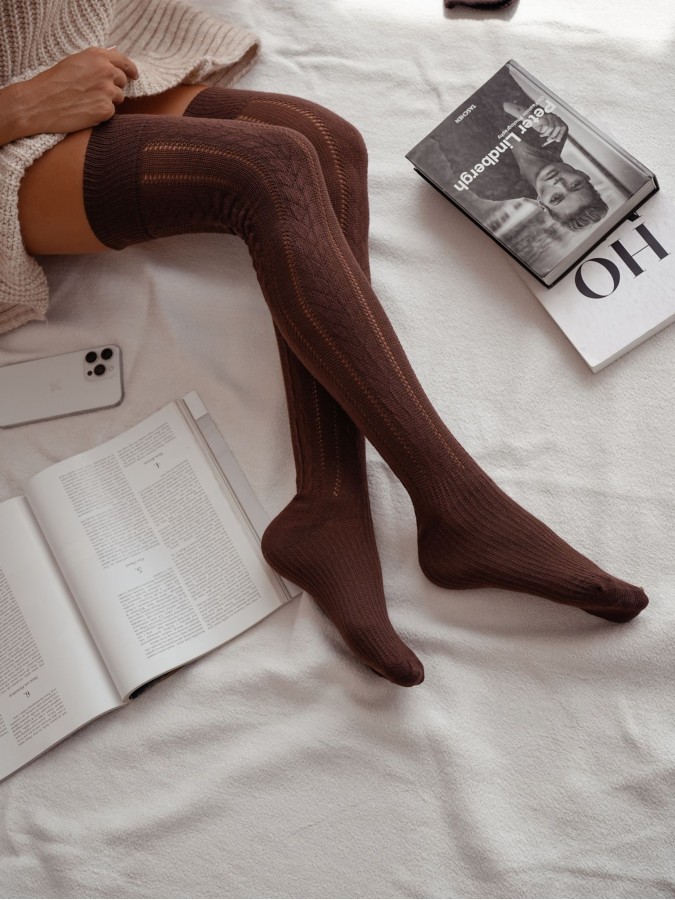 Openwork braid pattern over-the-knee socks