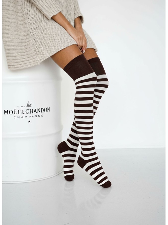 Cotton wide stripes pattern over-the-knee socks...