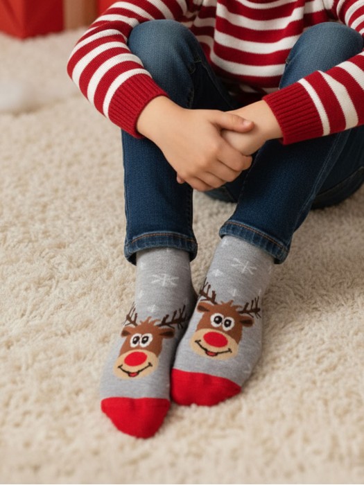 Kids'Christmas Reindeer heads & Snowflakes pattern socks 1306.011
