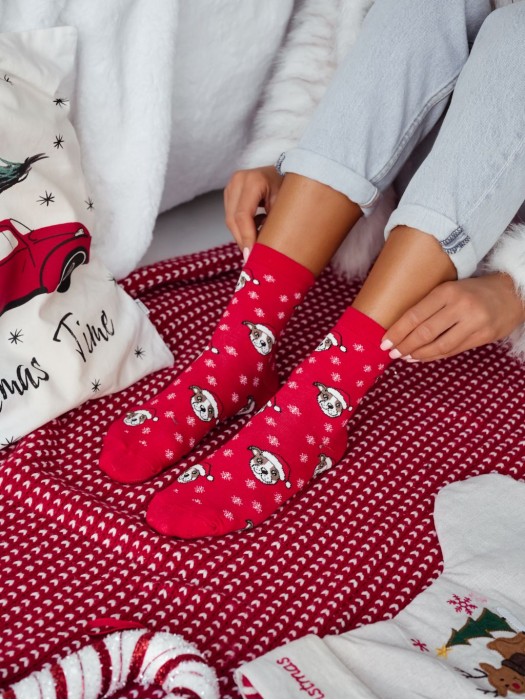 Women's Christmas Bulldogs & Snowflakes pattern socks 1283.039