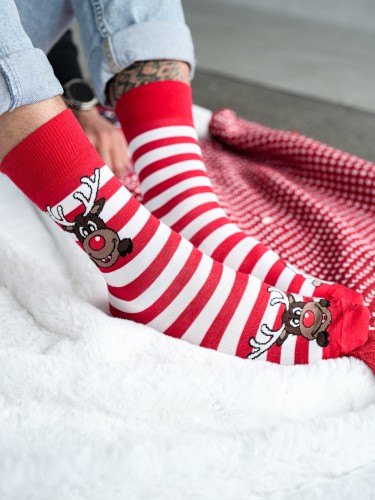Skarpetki męskie świąteczne Renifer i Mikołaj w paski...