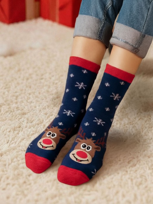 Kids'Christmas Reindeer heads & Snowflakes pattern socks 1306.011