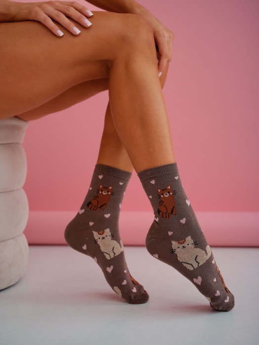 Women's 'Cute Cats & Little Hearts' pattern socks 0200.136